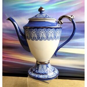 BOMBAY Coffee Pot White & Blue, Porcelain w/ Silver Trim - Vintage and Gorgeous!